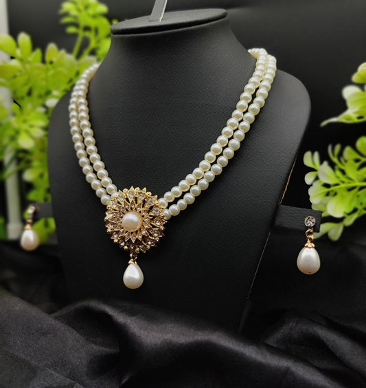 Imported Radiant Double-Layered Pearl Necklace with Golden Sunburst Pendant | Girls & Women Fashion